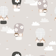 Seamless pattern with princesses flying in hot air balloons. Girlish cute pastel print. Vector hand drawn illustration.