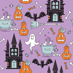 Seamless merry Halloween pattern. Vector illustration. Castle, ghosts, pumpkins.
