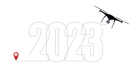 Merry Christmas and New Year concept, destination with 2023 route. Drone control and drawing.
