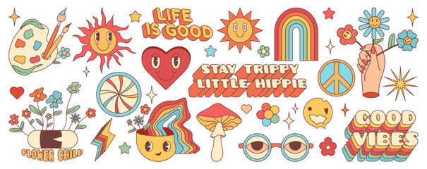 Fototapeta premium Groovy hippie retro 70s set. Cartoon flower, rainbow, peace, Love, heart, daisy, etc. Sticker pack in trendy retro psychedelic cartoon style. 