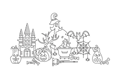 Happy halloween banner. Vector linear background. Pumpkins, castle, ghosts.
