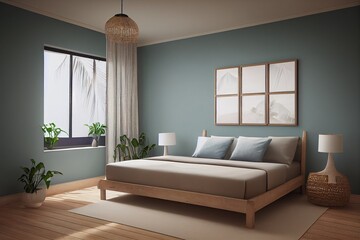 Home mockup, bedroom interior background with rattan furniture and blank wall, Coastal style, 3d render
