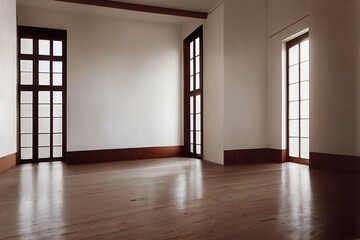 Fototapeta premium a bright space with white walls, high ceilings and wooden floors.