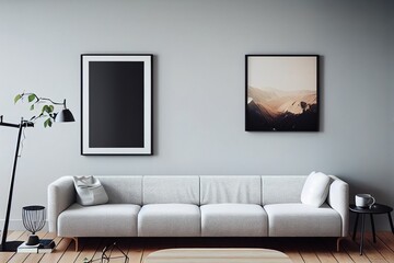 mock up poster frame in modern interior background, living room, Scandinavian style, 3D render, 3D illustration