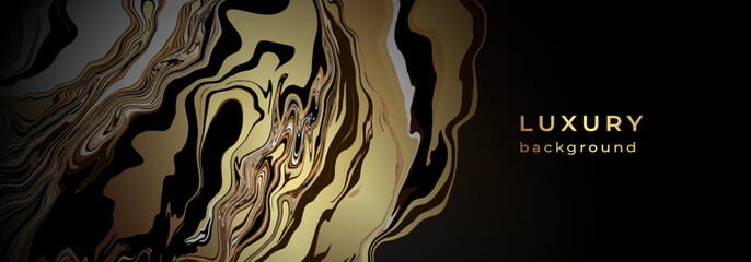 Luxury golden banner with marble texture. Abstract shiny background with flowing liquid. Gold paint streaks. Wavy glittering pattern