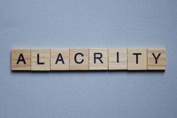 text the word alacrity from brown wooden small letters with black font on an gray table