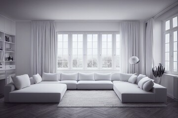 Fototapeta premium Interior of living room with white sofa, scandinavian style, panorama 3d rendering