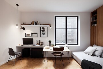 Small and modern studio apartment interior with decorative lighting, wooden floor and stylish desk to work and study