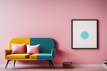 mock up poster with vintage pastel hipster minimalism loft interior background, 3D rendering, 3D illustration