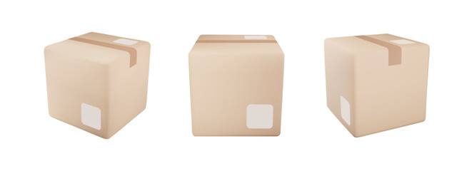 Cardboard or carton realistic delivery boxes with scotch tape and labels.