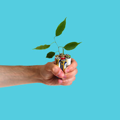 Leaf grows from a Alkaline batteries in hand on a isolaton background. Green energy a symbol of...