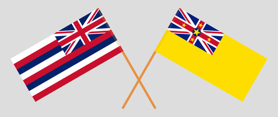 Crossed flags of The State Of Hawaii and Niue. Official colors. Correct proportion