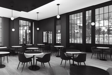 Modern black and gray cafe interior with a round and a rectangular signs, wooden tables and metal chairs. 3d rendering mock up