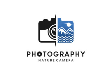 Photography logo design with camera icon blends with nature or scenery