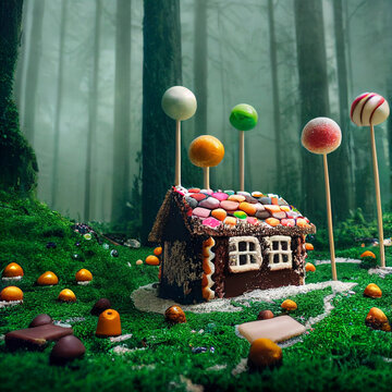 candy house in middle of the forest, gingerbread, sweet house