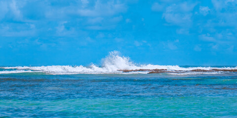 Mar com ondas batendo nas pedras de um mar azul turquesa de praia paradisíaca vazia sem pessoas em Proto de Galinhas
