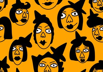 Cartoon women seamless halloween character doodle face pattern for wrapping paper and kids clothes print