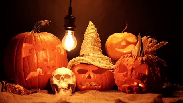 Halloween of pumpkins set on the black background. Halloween and harvest set with scarecrow or witch hat, weeds and human skull on barn burlap. Eerie evil and spooky fall decorations.