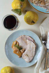 Pork loin with apples. White background