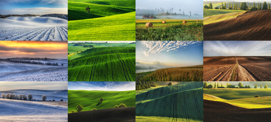 Twelve images of a hilly calendar field. Four seasons: winter, spring, summer, autumn