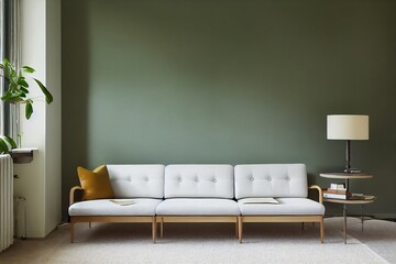 Modern interior design for home, office, interior details, upholstered furniture against the background of an olive classic wall. Pleasant light