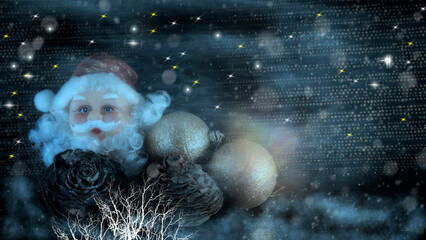 Christmas background with winter decorations and Santa Claus