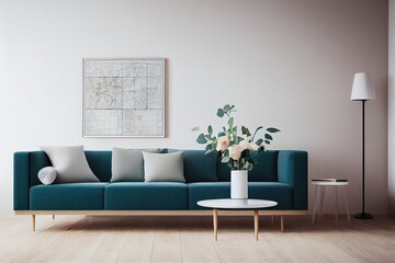 Design scandinavian home interior of living room with mock up poster map, stylish wooden commode, cube, sofa, flowers in vase and elegant personal accessories. Modern home staging. Template. Japandi.