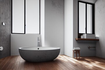 Naklejka na ściany i meble Interior of modern bathroom with white and concrete walls, wooden floor, comfortable bathtub and sink with round mirror in the background. Vertical mock up poster. 3d rendering