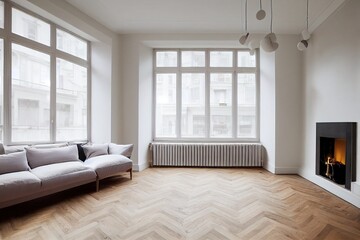 Fototapeta premium Modern luxury stylish apartment interior in pastel colors. a very bright room with huge windows filled with daylight. white walls, wooden parquet floors and a dark marble fireplace