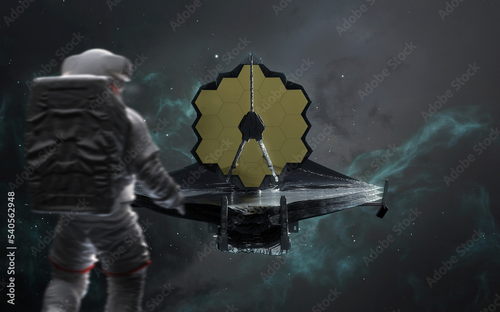 Canvas Prints astronauts examines the james webb telescope. jwst launch art. elements of image provided by nasa