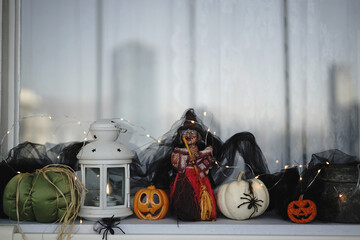 interior halloween decoration by the window - 540562916