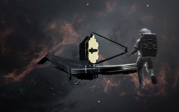 Astronauts examines the James Webb telescope. JWST launch art. Elements of image provided by Nasa