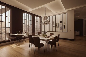 Fototapeta premium 3d rendering dining room interior with dining table and chair in a loft style design and decoration.