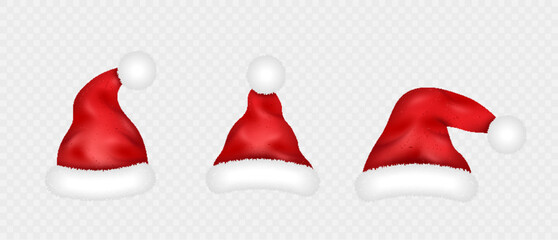 Christmas Santa Claus hats set. Realistic xmas headdress red with white fur and pompon isolated