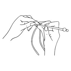Linear sketch of female hands in the process of knitting, picking up loops on knitting needles. Vector graphics.