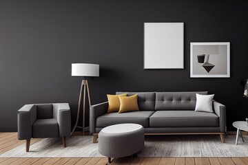 Modern living room interior with one empty poster on dark grey wall, mock up. Furnished by black sofa and armchair, coffee table with books on it, bookshelf nearby wall and floor lamp. 3D rendering