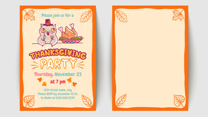 Vector invitation for Thanksgiving party with cute cat and turkey.