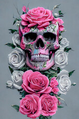 Skull with tattoos in roses, dark background