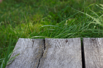 weathered wooden background on green grass in summer time