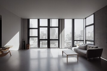Modern interior design in an apartment, house, office, bright modern interior details and light from the window against the background of a concrete wall and floor with reflection.
