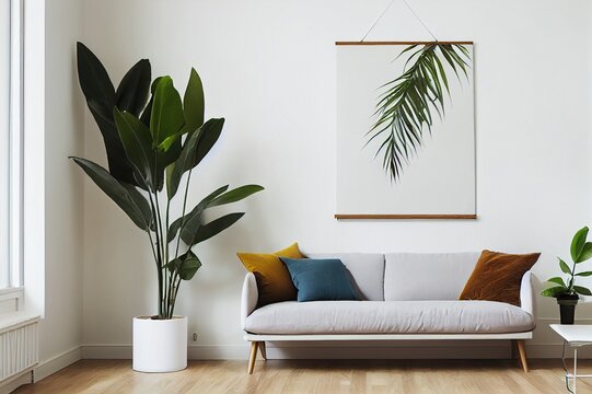 Interior poster painting mock up with empty canvas hanging on white wall, room with sofa and green plant. Interior design photography with copy space