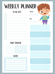 Weekly planner. Organizer, to-do list, notes and habit tracker with happy cartoon boy. Vector illustration. vertical template in blue for print, design,  kids collection, stationery.