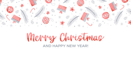 Christmas background with fir branches and holiday balls. Border for festive design red and grey style