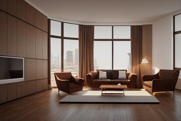Fototapeta premium Modern interior of living room with brown wooden cabinet and armchair panorama 3d rendering