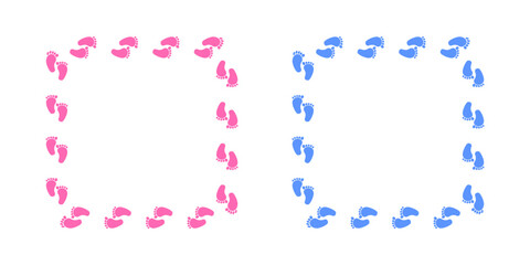 Square frames with boy and girl footprints. Template of invitation, greeting card, photo for baby shower, gender reveal, pregnancy or welcome newborn baby party. Vector flat illustration