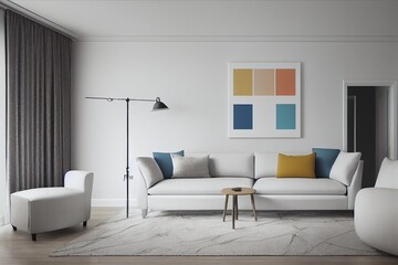 Interior poster mock up living room with colorful white sofa . 3D rendering.