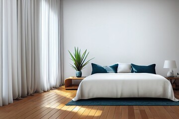 Fototapeta premium White bedroom interior bed and nightstand with art decoration, side view, carpet on hardwood floor. Sleeping area with panoramic window on tropics. Mockup empty wall. 3D rendering