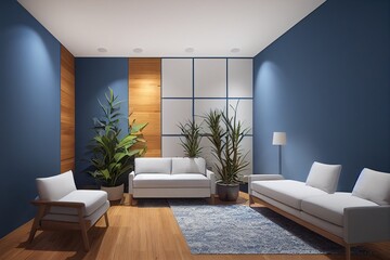 Fototapeta premium Cadet blue wall interior with indoor plant and wood floor, 3D Rendering