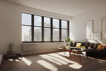 Modern interior design of a living room in an apartment, house, office, fresh flowers and bright modern interior details and sunbeams from a window against a white wall in the English style.
