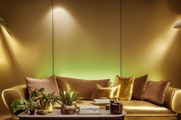 Luxury living room in house with modern interior design, green velvet sofa, coffee table, pouf, gold decoration, plant, lamp, carpet and elegant personal accessories. Template.